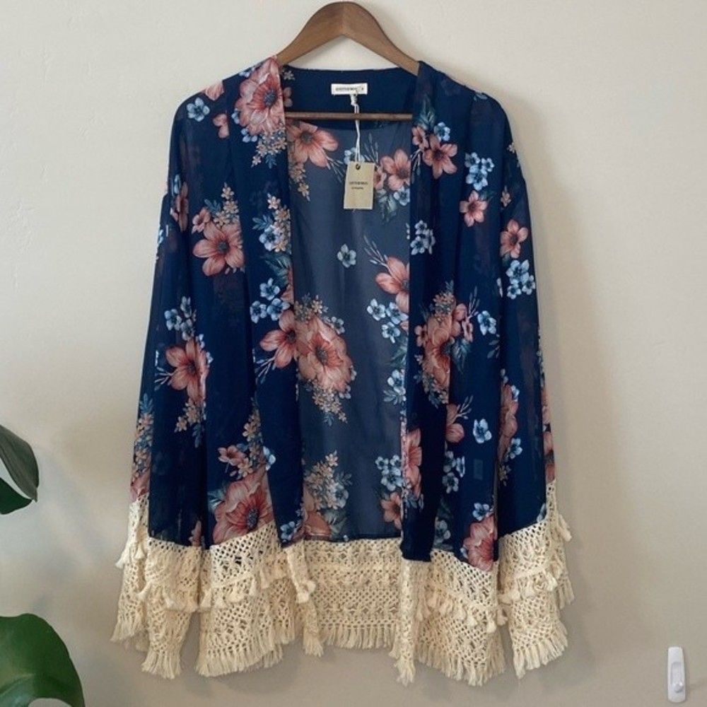 Andthewhy New with tags Floral Chiffon Kimono Crochet Cardigan size M oversized